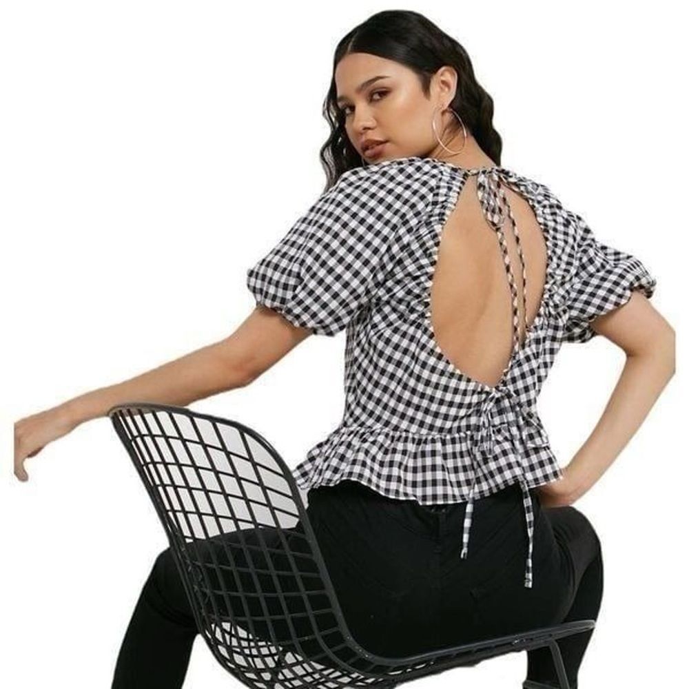 Topshop Puff Sleeve Gingham Blouse Black & White Open Back Size 12